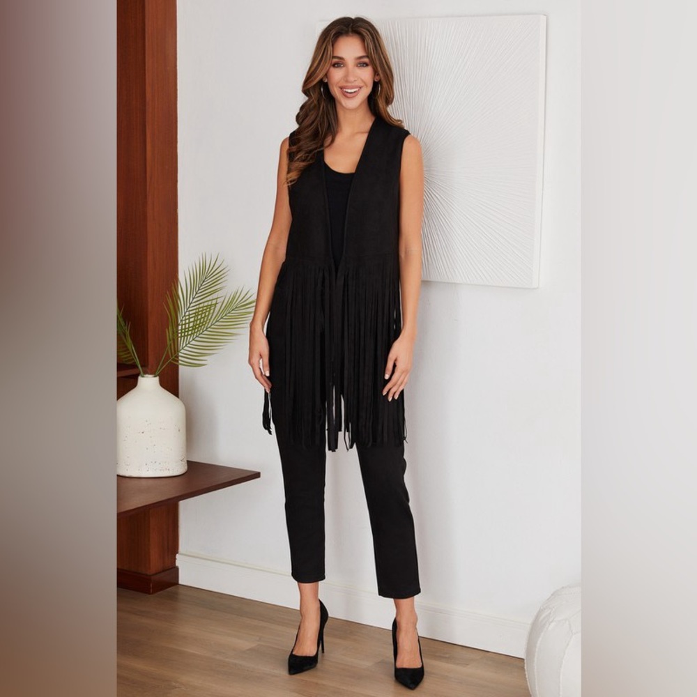 (57671-CML) FAUX SUEDE OPEN VEST WITH FRINGE HEM - Picture 3 of 6